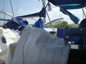 Fitting the mainsail into the cockpit